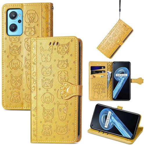 Coque Pour Realme 9i/Oppo A76, Antichoc Housse Étui En Cuir Pu Flip Case Portefeuille Avec Motif De Chat De Dessin Animé Porte Carte Magnétique Pour Oppo A36/Oppo A96, Jaune