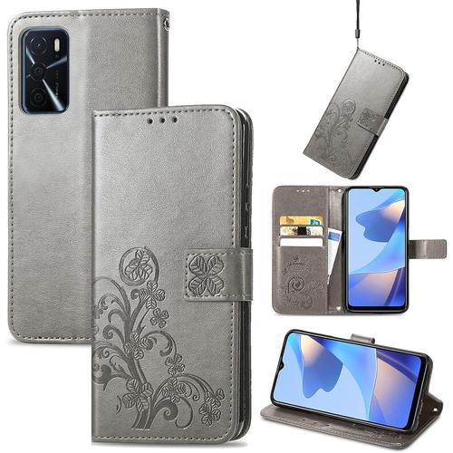 Coque Pour Oppo A16 A16s A54s, Antichoc Housse Étui En Cuir Pu Flip Case Portefeuille À Rabat Avec Motif En Relief Porte Carte Fermeture Magnétique Pour Oppo A16s A54s, Gris