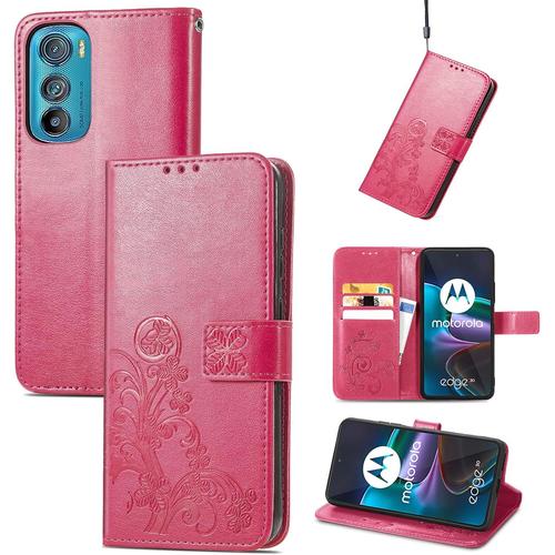 Coque Pour Motorola Edge 30, Antichoc Housse Étui En Cuir Pu Flip Case Portefeuille À Rabat Avec Motif En Relief Porte Carte Fermeture Magnétique Pour Motorola Edge 30, Rouge