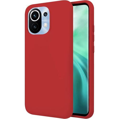 Coque Pour Xiaomi Mi 11 6.81"" Étui Rigide Rouge Silicone Liquide Premium Doux Doublure Intérieure En Microfibre Protège L'appareil Photo Antidérapant Résistant Saleté Rayures