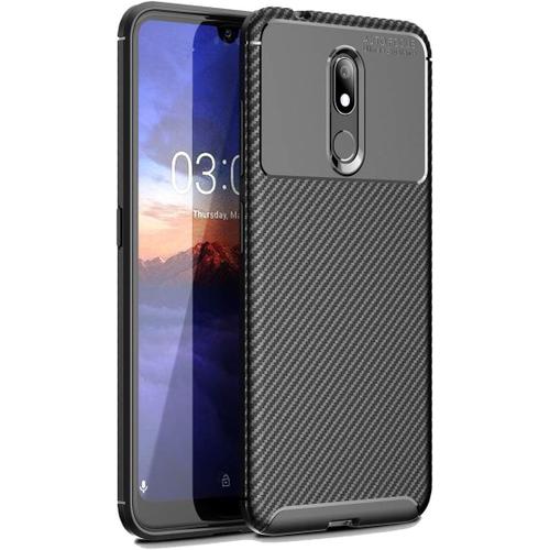 Coque Pour Nokia 3.2 Fibre De Carbone Silicone Slim Ultra Fine Anti Choc Avec Verre Trempe Tpu Housse Coque Compatible Avec Nokia 3.2 Antichoc Carbon Mate Mat Case Cover Noir