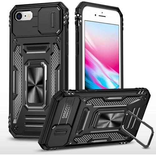 Coque Compatible Avec Iphone 6/6s/7/8/Se 2020,Lentille Coulissante Couverture,Support 360°Rotatif Pc Dur Anti-Chut Renforcée Armor Heavy Duty Antichoc Bumper Housse Etui,Noir