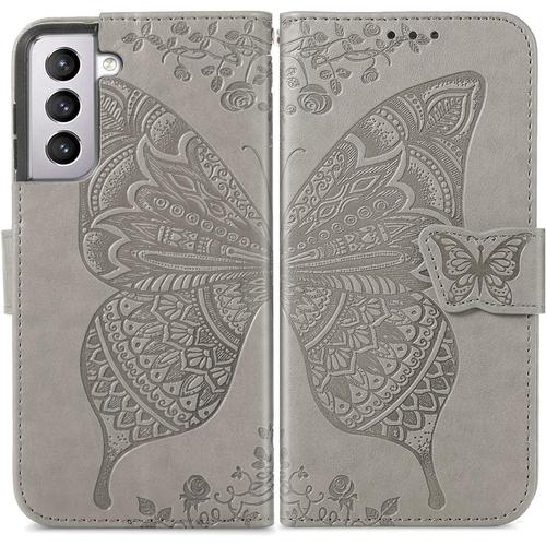 Coque Pour Samsung Galaxy S21 Plus, Galaxy S21 Plus Etui Housse En Pu/Tpu Cuir Flip Portefeuille Imprimée Papillon Et Pratique Avec Porte Carte Téléphone Case S21 Plus, Gris