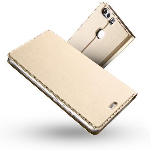 Coque Huawei P9 Lite, Étui En Cuir De Style Portefeuille Fin, Cuir Pu Avec Coque Interne En Silicone Tpu Souple Fonction Support Fermeture Magnétique Pour Huawei P9 Lite Doré