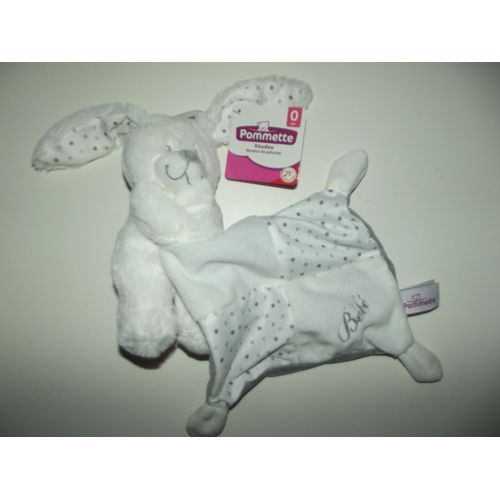 Doudou Peluche Lapin Blanc Avec Mouchoir Bébé Pois Gris Pommette