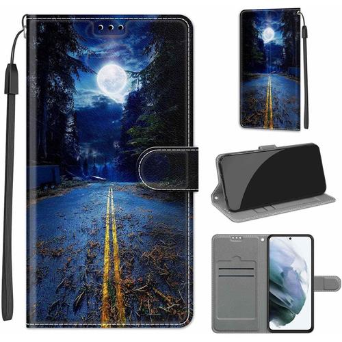 Coque Compatible Pour Samsung Galaxy S22 5g Étui Silicone Pu Cuir Clapet A Rabat Magnetique Case Cover Support Kickstand Bumper Antichoc Drôle Motif Housse Portefeuille Lune