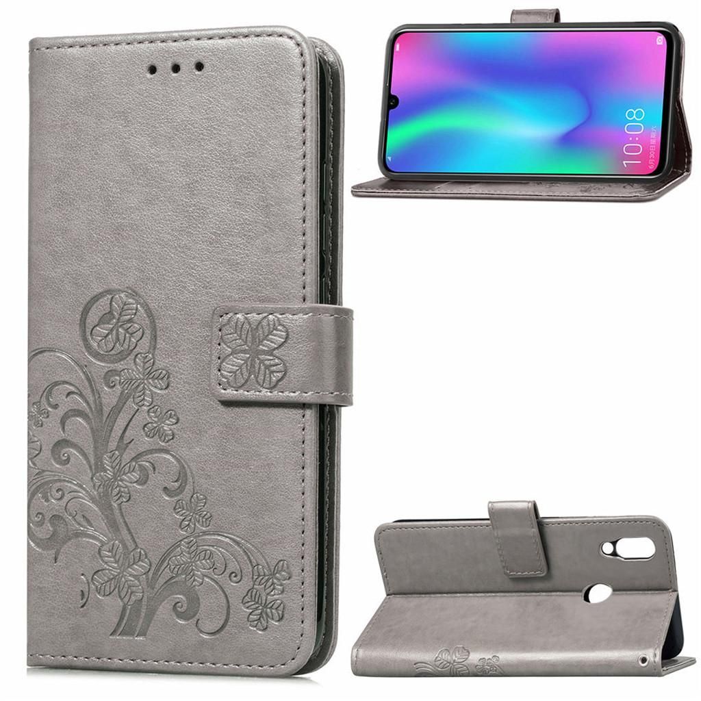 Huawei P Smart (2019) Coque, Saturcase Lucky Clover Pu Cuir Magnétique Flip Portefeuille Support Porte-Carte Protecteur Coque Housse Étui Avec Dragonne Pour Huawei P Smart (2019) / Honor 10 Lite (Gris)