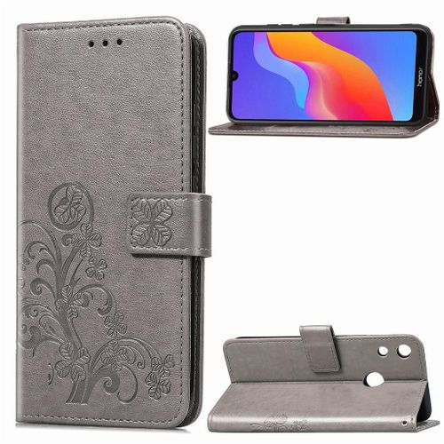 Huawei Y6 2019 Coque, Saturcase Lucky Clover Pu Cuir Magnétique Flip Portefeuille Support Porte-Carte Protecteur Coque Housse Étui Avec Dragonne Pour Huawei Y6 2019 / Honor 8a (Gris)