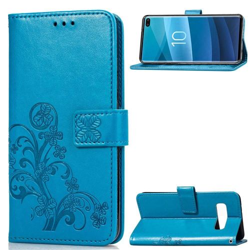 Samsung Galaxy S10 Plus Coque, Saturcase Lucky Clover Pu Cuir Magnétique Flip Portefeuille Support Porte-Carte Protecteur Coque Housse Étui Avec Dragonne Pour Samsung Galaxy S10 Plus (Bleu)
