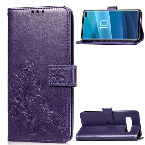 Samsung Galaxy S10 Plus Coque, Saturcase Lucky Clover Pu Cuir Magnétique Flip Portefeuille Support Porte-Carte Protecteur Coque Housse Étui Avec Dragonne Pour Samsung Galaxy S10 Plus (Violet)