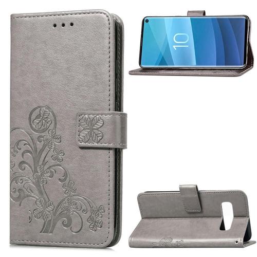 Samsung Galaxy S10 Coque, Saturcase Lucky Clover Pu Cuir Magnétique Flip Portefeuille Support Porte-Carte Protecteur Coque Housse Étui Avec Dragonne Pour Samsung Galaxy S10 (Gris)