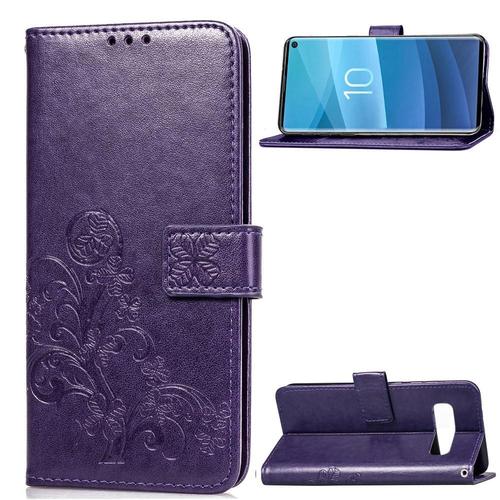 Samsung Galaxy S10 Coque, Saturcase Lucky Clover Pu Cuir Magnétique Flip Portefeuille Support Porte-Carte Protecteur Coque Housse Étui Avec Dragonne Pour Samsung Galaxy S10 (Violet)