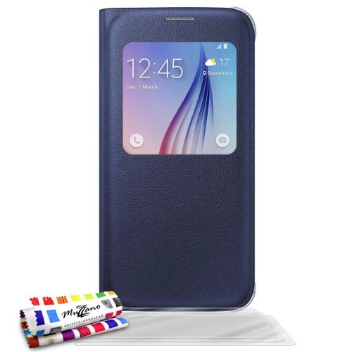 Etui A Rabat Samsung Galaxy S6 Bleu Marine Eco-Cuir (Pu) + 3 Films