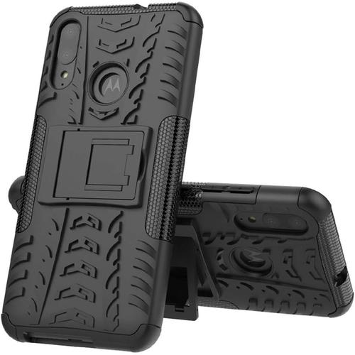 Coque Moto E6 Plus, Double Couche Silicone Antichoc Full Protection Avec Support Housse Etui Pour Motorola Moto E6 Plus Noir