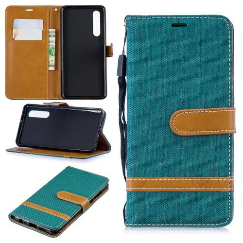 Huawei P30 Coque, Saturcase Premium Jeans Pu Cuir Magnétique Flip Portefeuille Support Porte-Carte Protecteur Coque Housse Étui Avec Dragonne Pour Huawei P30 (Vert)