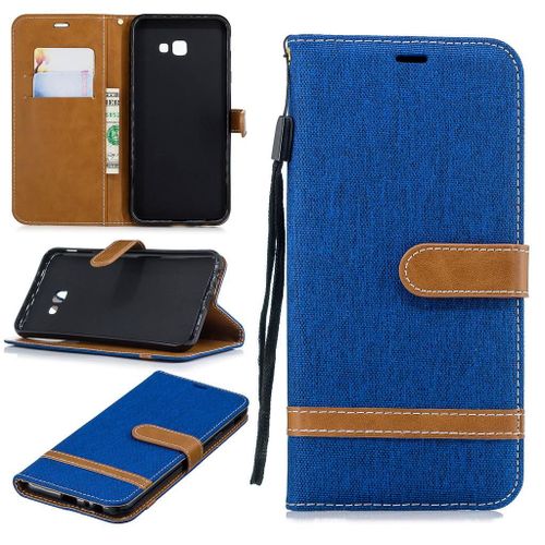 Samsung Galaxy J4 Plus Coque, Saturcase Premium Jeans Style Denim Et Pu Cuir Magnétique Flip Portefeuille Support Porte-Carte Protecteur Case Cover Coque Housse Étui Avec Dragonne Pour Samsung Galaxy J4 Plus 2018 (Bleu)