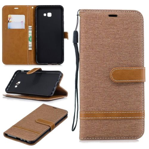 Samsung Galaxy J4 Plus Coque, Saturcase Premium Jeans Style Denim Et Pu Cuir Magnétique Flip Portefeuille Support Porte-Carte Protecteur Case Cover Coque Housse Étui Avec Dragonne Pour Samsung Galaxy J4 Plus 2018 (Marron)
