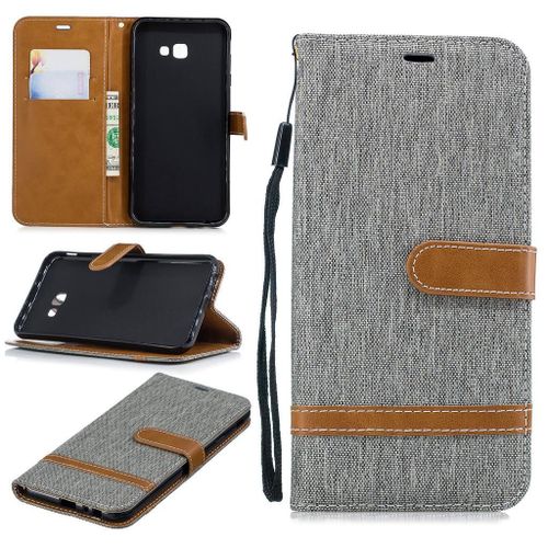 Samsung Galaxy J4 Plus Coque, Saturcase Premium Jeans Style Denim Et Pu Cuir Magnétique Flip Portefeuille Support Porte-Carte Protecteur Case Cover Coque Housse Étui Avec Dragonne Pour Samsung Galaxy J4 Plus 2018 (Gris)