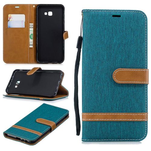 Samsung Galaxy J4 Plus Coque, Saturcase Premium Jeans Style Denim Et Pu Cuir Magnétique Flip Portefeuille Support Porte-Carte Protecteur Case Cover Coque Housse Étui Avec Dragonne Pour Samsung Galaxy J4 Plus 2018 (Vert)