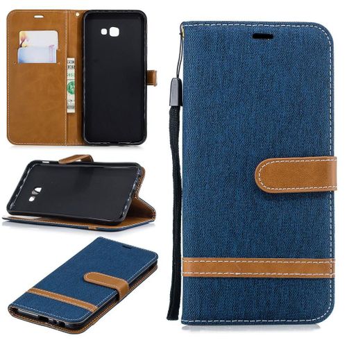 Samsung Galaxy J4 Plus Coque, Saturcase Premium Jeans Style Denim Et Pu Cuir Magnétique Flip Portefeuille Support Porte-Carte Protecteur Case Cover Coque Housse Étui Avec Dragonne Pour Samsung Galaxy J4 Plus 2018 (Bleu Marin)
