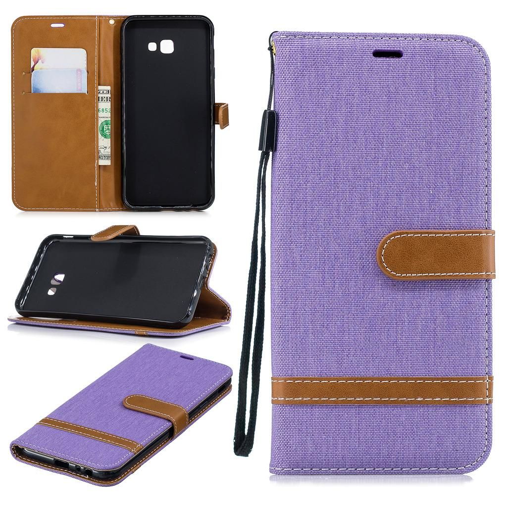 Samsung Galaxy J4 Plus Coque, Saturcase Premium Jeans Style Denim Et Pu Cuir Magnétique Flip Portefeuille Support Porte-Carte Protecteur Case Cover Coque Housse Étui Avec Dragonne Pour Samsung Galaxy J4 Plus 2018 (Violet)