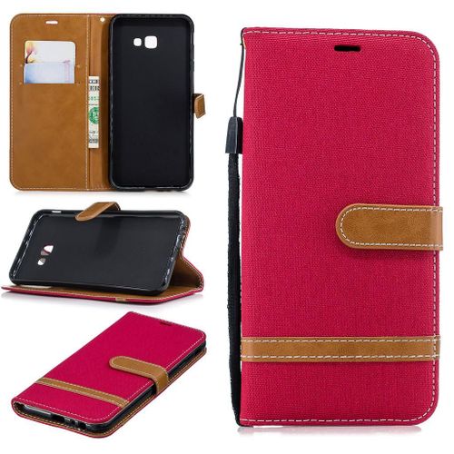 Samsung Galaxy J4 Plus Coque, Saturcase Premium Jeans Style Denim Et Pu Cuir Magnétique Flip Portefeuille Support Porte-Carte Protecteur Case Cover Coque Housse Étui Avec Dragonne Pour Samsung Galaxy J4 Plus 2018 (Rouge)