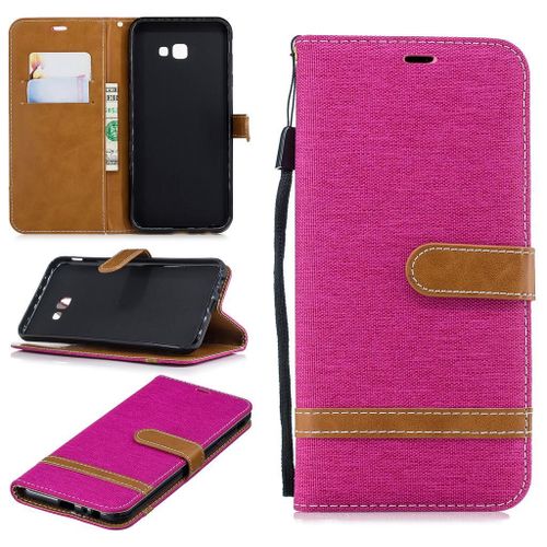 Samsung Galaxy J4 Plus Coque, Saturcase Premium Jeans Style Denim Et Pu Cuir Magnétique Flip Portefeuille Support Porte-Carte Protecteur Case Cover Coque Housse Étui Avec Dragonne Pour Samsung Galaxy J4 Plus 2018 (Rose)