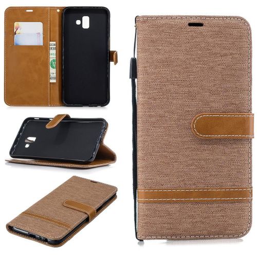 Samsung Galaxy J6 Plus Coque, Saturcase Premium Jeans Style Denim Et Pu Cuir Magnétique Flip Portefeuille Support Porte-Carte Protecteur Case Cover Coque Housse Étui Avec Dragonne Pour Samsung Galaxy J6 Plus 2018 (Marron)