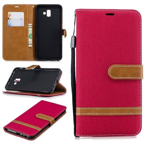 Samsung Galaxy J6 Plus Coque, Saturcase Premium Jeans Style Denim Et Pu Cuir Magnétique Flip Portefeuille Support Porte-Carte Protecteur Case Cover Coque Housse Étui Avec Dragonne Pour Samsung Galaxy J6 Plus 2018 (Rouge)