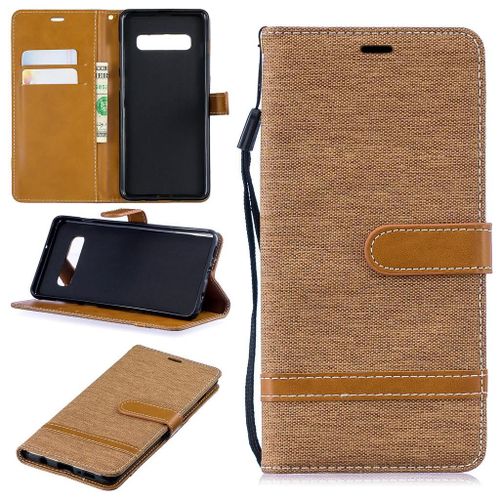 Samsung Galaxy S10 Plus Coque, Saturcase Premium Jeans Pu Cuir Magnétique Flip Portefeuille Support Porte-Carte Protecteur Coque Housse Étui Avec Dragonne Pour Samsung Galaxy S10 Plus (Marron)