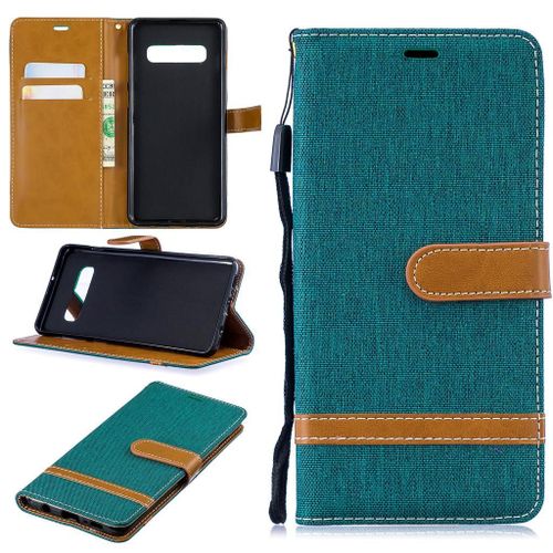 Samsung Galaxy S10 Plus Coque, Saturcase Premium Jeans Pu Cuir Magnétique Flip Portefeuille Support Porte-Carte Protecteur Coque Housse Étui Avec Dragonne Pour Samsung Galaxy S10 Plus (Vert)