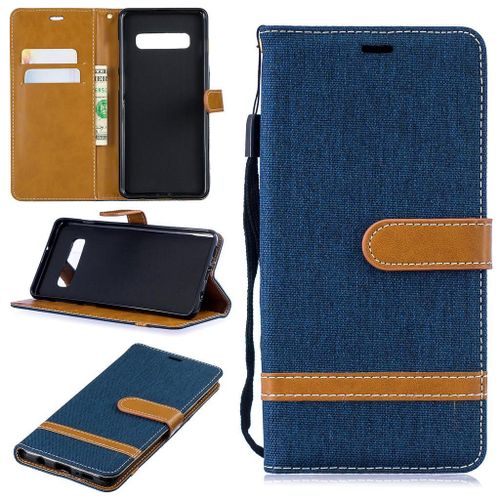 Samsung Galaxy S10 Plus Coque, Saturcase Premium Jeans Pu Cuir Magnétique Flip Portefeuille Support Porte-Carte Protecteur Coque Housse Étui Avec Dragonne Pour Samsung Galaxy S10 Plus (Bleu Marin)