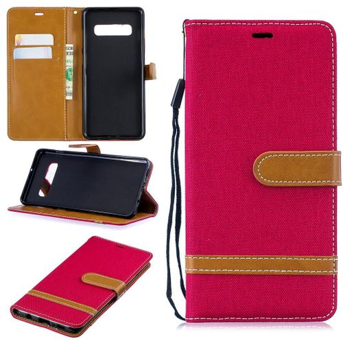 Samsung Galaxy S10 Plus Coque, Saturcase Premium Jeans Pu Cuir Magnétique Flip Portefeuille Support Porte-Carte Protecteur Coque Housse Étui Avec Dragonne Pour Samsung Galaxy S10 Plus (Rouge)