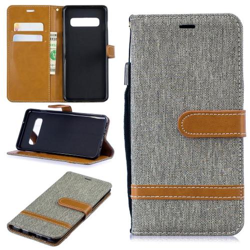 Samsung Galaxy S10 Coque, Saturcase Premium Jeans Pu Cuir Magnétique Flip Portefeuille Support Porte-Carte Protecteur Coque Housse Étui Avec Dragonne Pour Samsung Galaxy S10 (Gris)