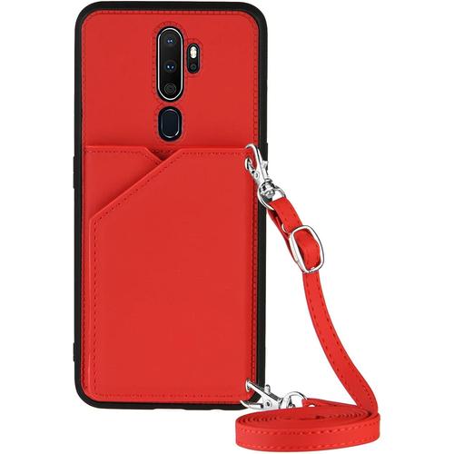 Coque Avec Cordon Pour Oppo A5 2020/Oppo A9 2020 Pu Cuir Silicone Cover Avec Fente Pour Carte Tour De Cou Lanière Slim Necklace Case Anti Choc Bumper Etui Housse&collier Rouge