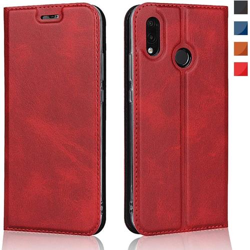 Coque Pour Huawei P20 Lite Housse Pour Huawei P20 Lite Étui De Protection Stand Support Porte Cartes De Crédit Magnétique Tpu Bumper Housse En Cuir Poura Huawei P20 Lite Rouge