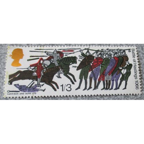 Royaume-Uni-Timbre Anglais 13s Shilling-Battle Of Hastings 1066-Norman Horsemen Attacking Harold's Troops-Commémoratif Du 900ème Anniversaire De La Bataille-Date De Sortie 14/10/1966-61x24mm