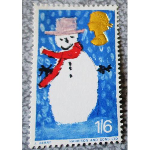 Royaume-Uni - Timbre Anglais 16s Shilling - Christmas 1966 ChildrenS Painting - Snowman - Bleu - Timbre De Noël Bonhomme De Neige - Date De Sortie 01/12/1966 -24x41mm - Neuf
