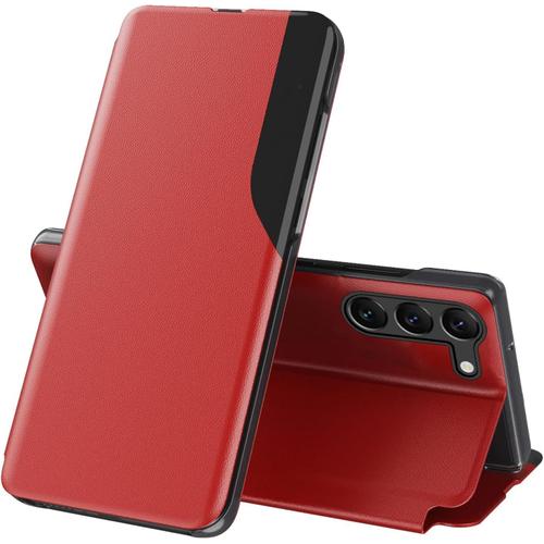 Coque Pour Samsung Galaxy S23 Avec Support, Transparente Clear Afficher Fenêtre, Cuir + Pc Housse Étui À Rabat Magnétique Antichoc Protection Cover Pour Samsung S23. Rouge Qh1