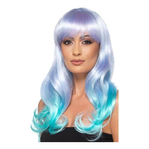 Perruque Ondulée Violette Et Bleue Avec Frange (Taille Unique Femme)