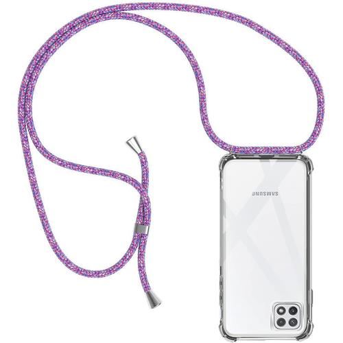 Collier Coque Pour Samsung Galaxy A22 5g, Étui De Protection Avec Cordon, Ultra-Mince Transparente Clair Housse Silicone Gel Souple Tpu Antichoc Lanyard Necklace Case - Violet