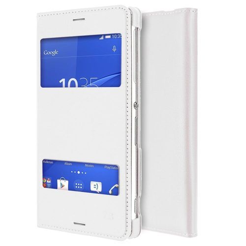 Etui Folio A Rabat Sony Xperia Z3 Blanc Double Fenetre Eco-Cuir (Pu) + 3 Films