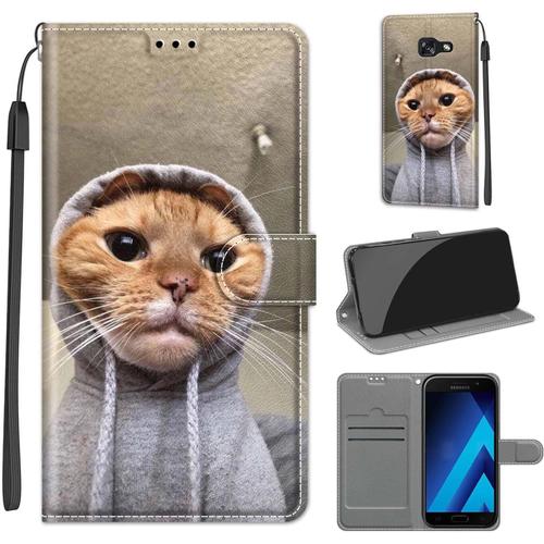 Coque Compatible Pour Samsung Galaxy A5 2017 Étui Silicone Pu Cuir Clapet A Rabat Magnetique Case Cover Support Kickstand Bumper Antichoc Drôle Motif Housse Portefeuille Chat