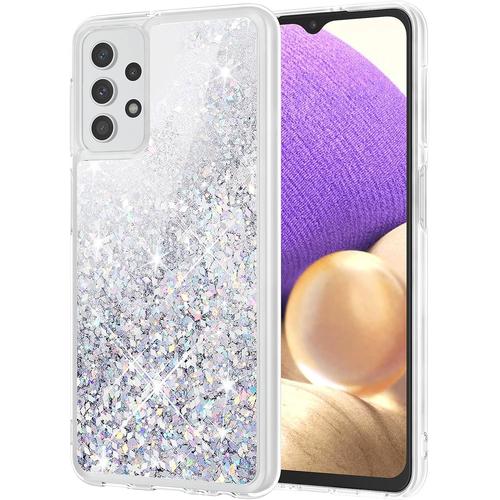 Coque Pour Samsung Galaxy A32 5g, Samsung A32 Coque, Glitter Liquide Paillette Protection Tpu Bumper Filles Femmes Housse Étincelle Antichoc Souple Brillante Étui Case Argent