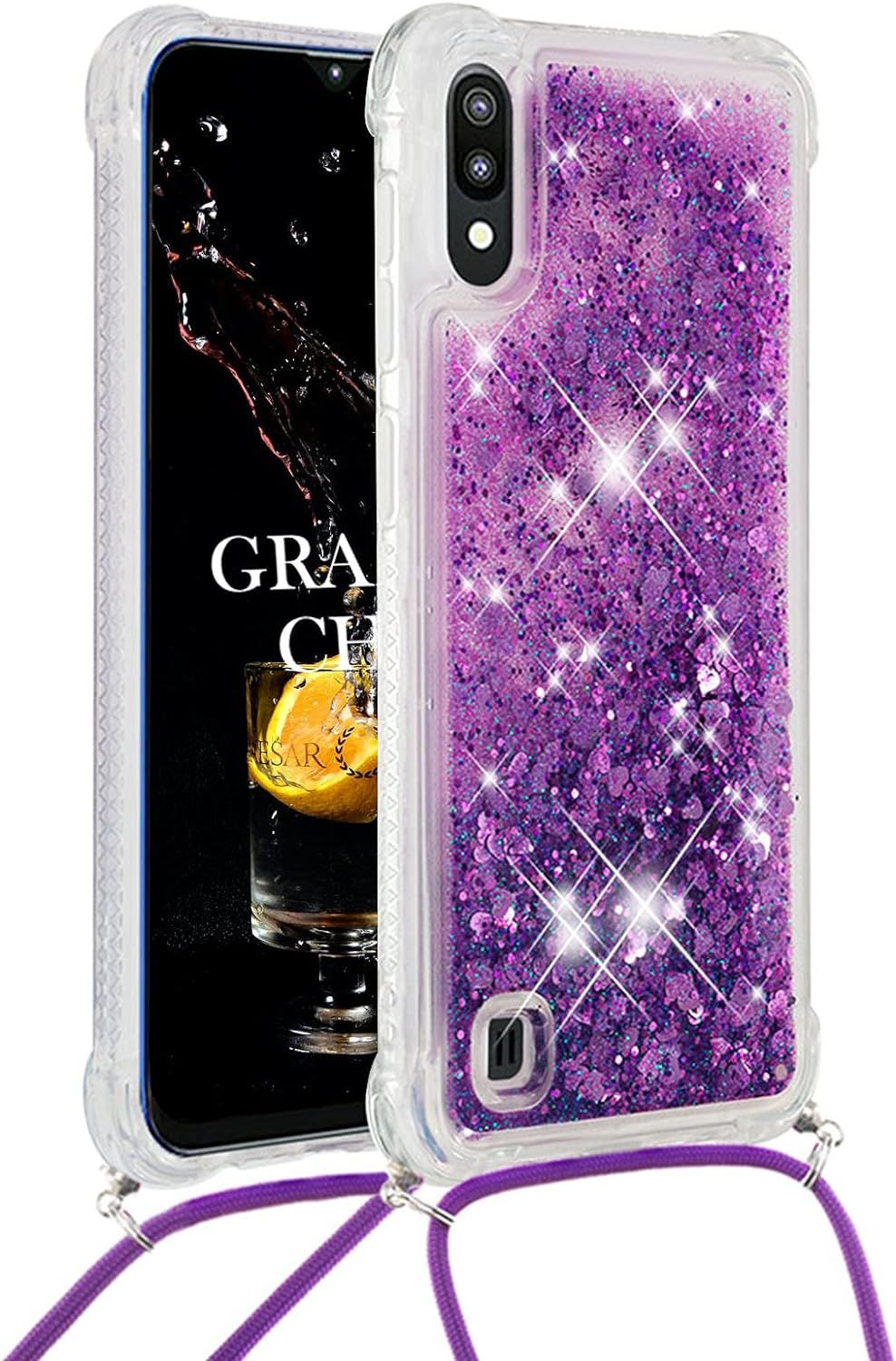 Coque Pour Samsung Galaxy M10/A10 Bling Glitter Paillettes Etui De Téléphone Avec Cordon Silicone Tpu Case Pour Filles/Femmes Antichoc Cover Pour Samsung Galaxy M10/A10 Violet