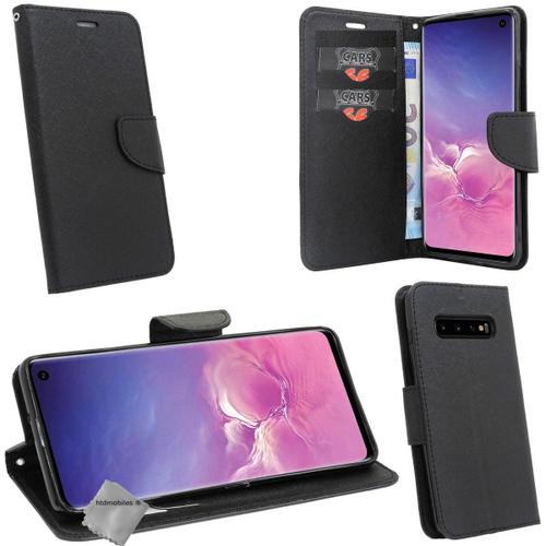 Housse Etui Coque Pochette Portefeuille Pour Samsung Galaxy S10 + Verre Trempe - Noir / Noir