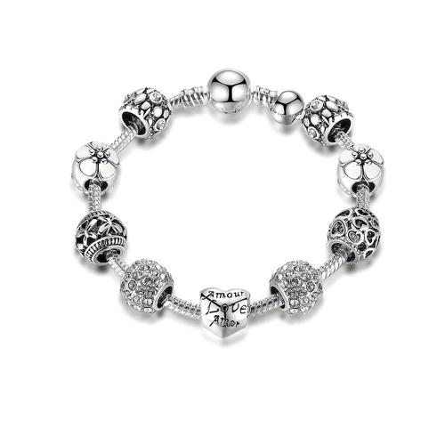 Bracelet Femme Charm's Coeur Orné De Cristal De Swarovski Gris Et Plaqué Argent - Crystal Pearl Cry C2109 J Unique