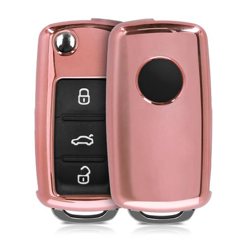 Kwmobile Accessoire Clé De Voiture Compatible Avec Vw Skoda Seat 2-3-Bouton - Coque De Protection En Silicone - Or Rosé Haute Brillance