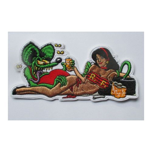 Patch Rat Fink Et Pin Up Allongé Kustom Hot Rod 12x6 Cm Écusson Thermocollant