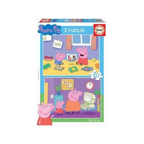 Puzzle Enfant Educa 2 X 20 Pieces - Peppa Pig Et Georges Jouent Dans La Chambre / Font De L Ordinateur